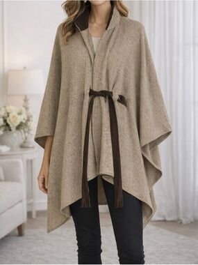 Soft Surroundings Herringbone Tweed Poncho Cape Wrap Belted S/M